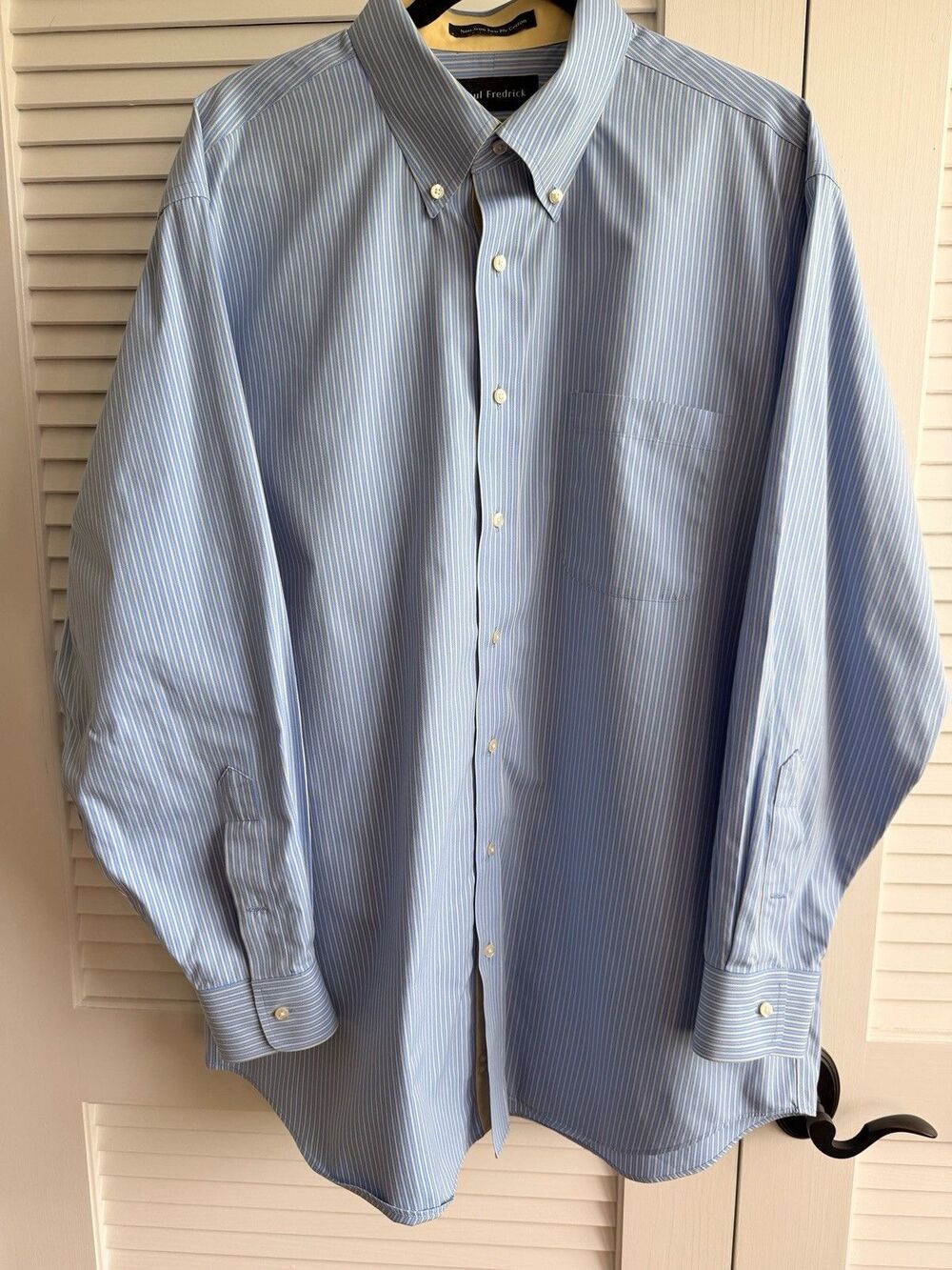 Paul Frederick Blue White Stripe Non Iron Dress Shirt Mens 17.5 34 Classic Fit